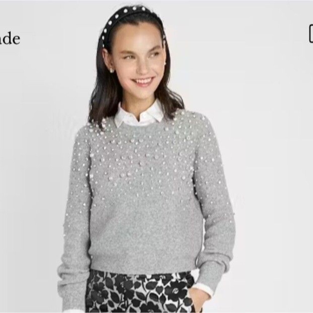 Kate Spade New York NWOT Pearl Rhinestone Wool Yak Sweater Gray XS Quiet Luxury